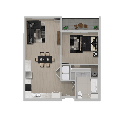 Floor plan for 1 bed, 1 bath, 734 sqft